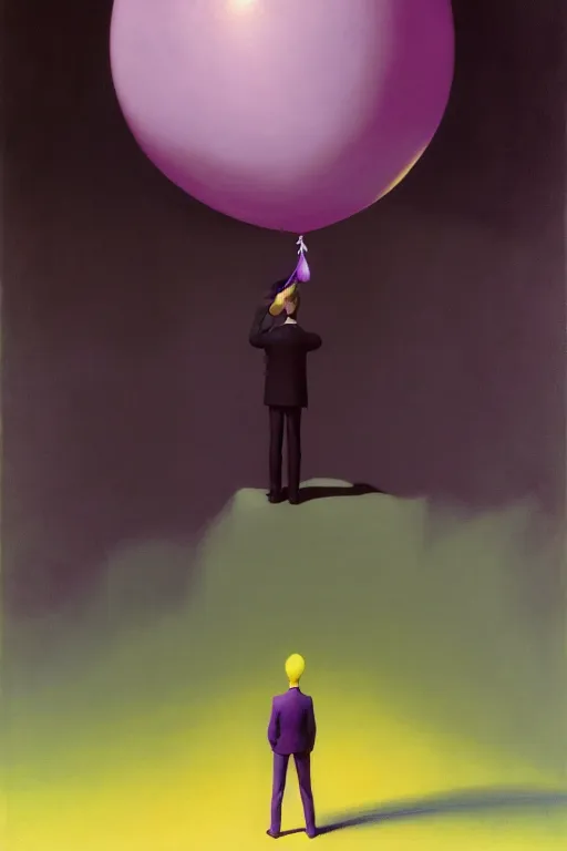 Image similar to a man holding purple balloon on his hand, standing outside of a bus, edward hopper and james gilleard zdzislaw beksisnski higly detailed