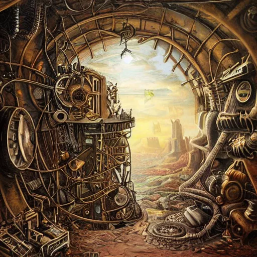 Prompt: surrealist landscape, inside steampunk ant citya, painting, highly detailed