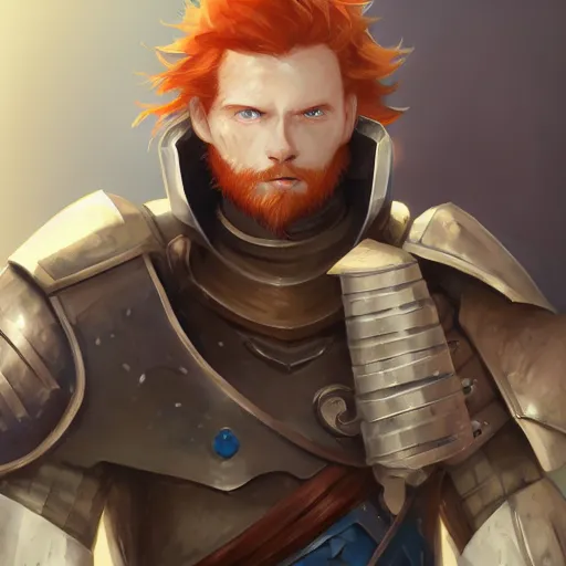 Prompt: portrait of a redheaded man with blue eyes and wearing a armor, medieval background, highly detailed, digital painting, artstation, matte, by makoto shinkai, animation style, studio ghibli, anime key visual