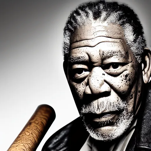 Prompt: photo of Morgan Freeman dressed as Negan, mischievous look with his barbed baseball bat Lucille on his shoulder, in the style of George Hurrell, white fog, octane render