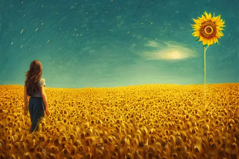 Image similar to huge sunflower head, girl walking in wheat field, hills, surreal photography, dark night, star trails, dramatic light, impressionist painting, clouds, digital painting, artstation, simon stalenhag