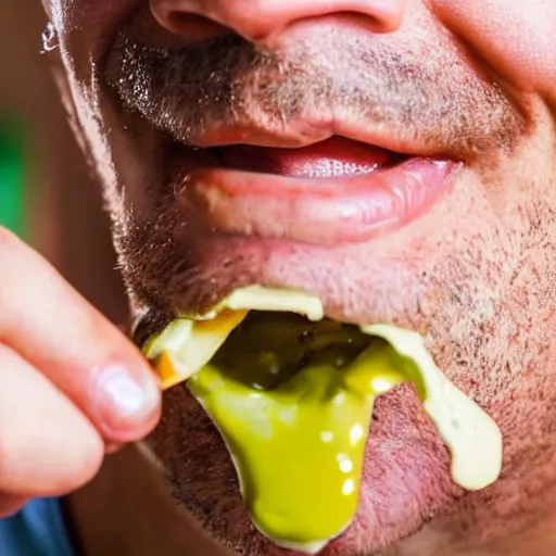 Prompt: closeup of a man tasting a stinking hambuger with an old green cheese driping yellow blood