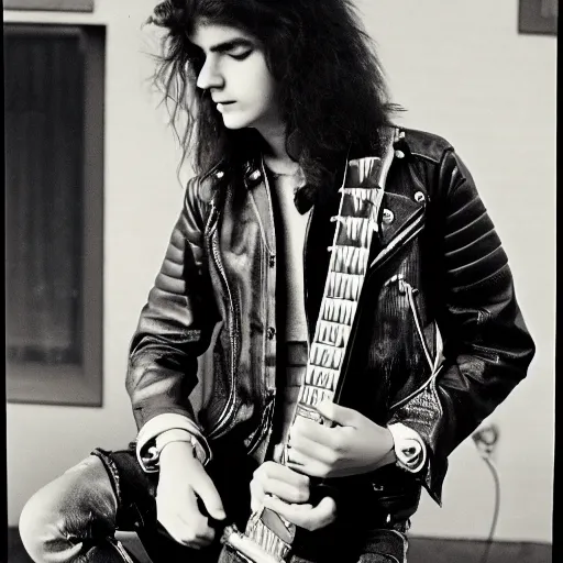 Image similar to 19-year-old boy with long permed wavy brown hair, leather jacket and denim jeans, holding electric guitar, 1977, punk rock, heavy metal, super 8mm film