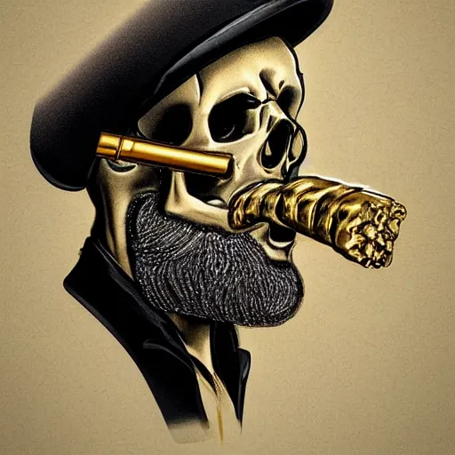 Prompt: hyper realistic skull with a beard and a gold tooth smoking a cigarette