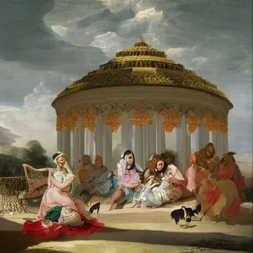 Image similar to saudi arabia in the style and the language of Rococo, reimagining the dynamism of works by eighteenth-century artists such as Giovanni Battista Tiepolo, François Boucher, Nicolas Lancret and Jean-Antoine Watteau through a filter of contemporary cultural references including film, food and consumerism