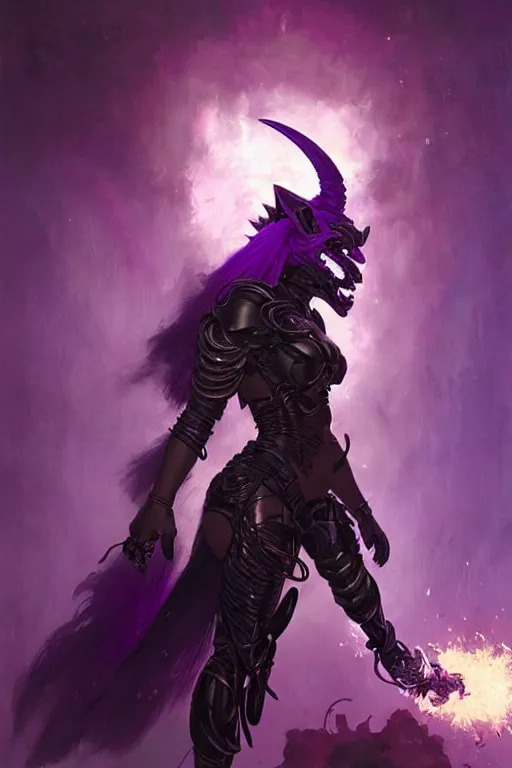 Image similar to woman with a long black ponytail in purple sci - fi armor, wearing a kitsune mask, shoulder pad is a glowing oni mask, striking pose, portrait dnd, painting by gaston bussiere, craig mullins, greg rutkowski, yoji shinkawa