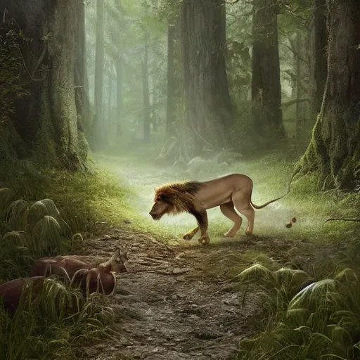 Image similar to lion chasing a deer in the forest, masterpiece, highly detailed, high quality, 4 k, anatomically correct, hyperrealistic, concept art, octane render, unreal engine 5, trending on artstation, trending on deviantart, matte, historical painting, fantasy style, path traced, high coherence, soft lighting, digital painting, mythical