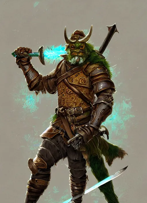 Image similar to strong young man, photorealistic bugbear ranger holding sword, fire magic, black beard, dungeons and dragons, pathfinder, roleplaying game art, hunters gear, jeweled ornate leather and steel armour, concept art, character design on white background, by norman rockwell, makoto shinkai, kim jung giu, artstation trending, poster art, colours red and green