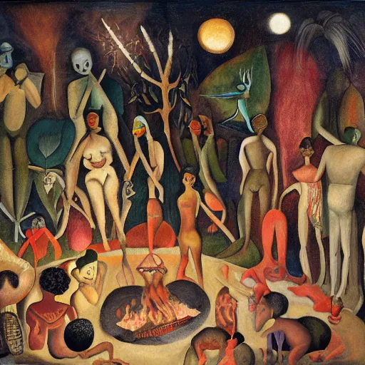 Prompt: Assemblage. a group of people gathered around a fire. They are all looking up at the night sky, where a bright star is shining in the jungle by Boris Grigoriev manmade