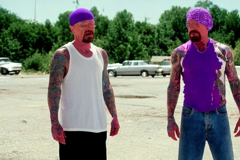Prompt: medium full shot of walter white as a white gang member wearing a purple head covering made from a polyester material and a stained white tank top dealing crack in the prison yard in the new movie directed by ice cube, movie still frame, arms covered in gang tattoo, promotional image, critically condemned, top 1 5 worst movie ever imdb list, public condemned, relentlessly detailed