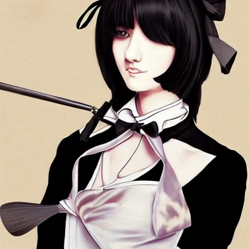 Prompt: full body painting of grumpy handsome thin beautiful man in his 2 0 s named min - jun in a french female maid outfit, modern clothing, elegant, clear, painting, stylized, delicate facial features, stylized thin lines, soft but grumpy, highly detailed, art, art by egon alphonse