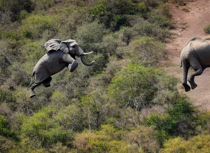 Image similar to dslr photo still of an elephant leaping off a mountain flying through the air, 4 k, 1 2 0 mm f 1 6