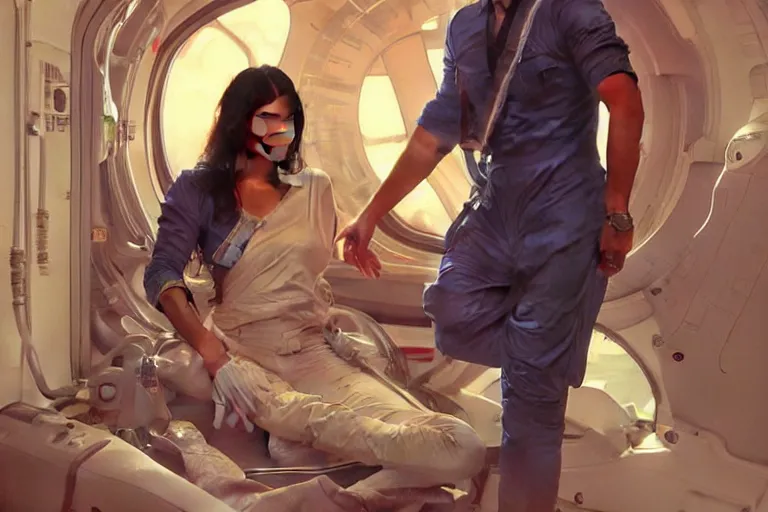 Image similar to Sensual good looking pale young Indian doctors wearing jeans in a space station above Earth performing surgery, portrait, elegant, intricate, digital painting, artstation, concept art, smooth, sharp focus, illustration, art by artgerm and greg rutkowski and alphonse mucha