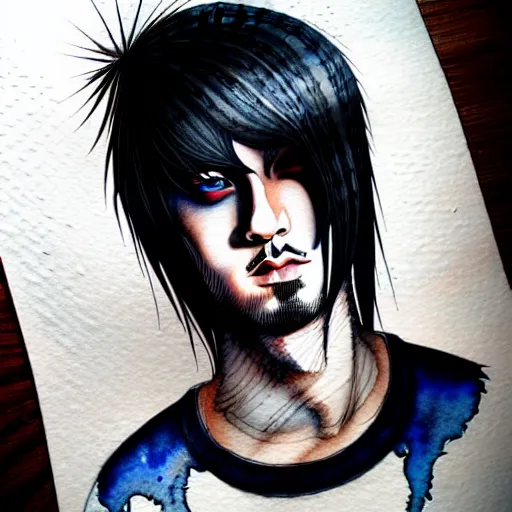 Prompt: hyper realistic ink and watercolor drawing of a handsome emo guy full portrait, detailed, rim light, diffused, intricate, axe, battle, emo by anna dittmann,