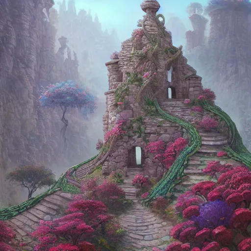 Prompt: forgotten stone city on a hill that rises up from the plain. the stone is carved into intricate patterns: spirals and flowers, vines and knots. towers high above, archways, strange trees and flowers. a beautiful and vivid and colorful andreas rocha and peter mohrbacher acrylic painting, trending on artstation