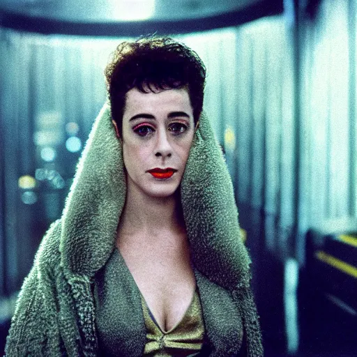 Prompt: close up portrait of sean young as rachael tyrell in blade runner at tyrell headquarters photographed by annie leibovitz, artdeco, cyberpunk, colorful!, nighttime!, raining!