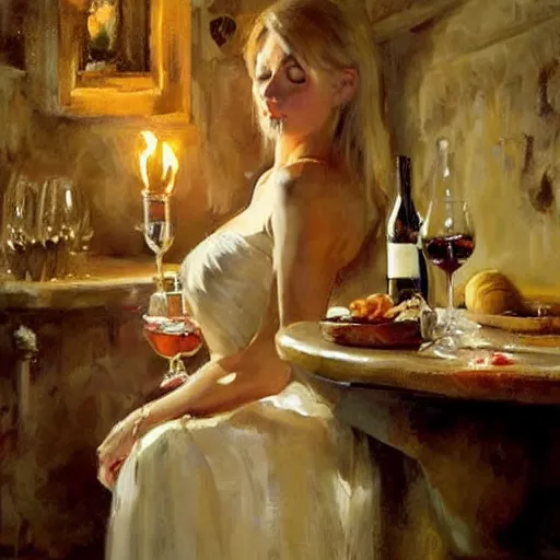 Image similar to beautiful blonde in hot dress in a wine cellar, food, pork, beer, schnapps, rustic, traditional, torches on the wall, acrylic painting by vladimir volegov and anders zorn, highly detailed, beautiful interior, masterpiece