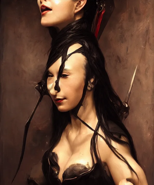 Image similar to the portrait of ( ( ( ( ( akali from league of legends ) ) ) ) ) in black wax crown by roberto ferri, dark fantasy, witcher, very detailed oil painting, masterpiece, 8 k