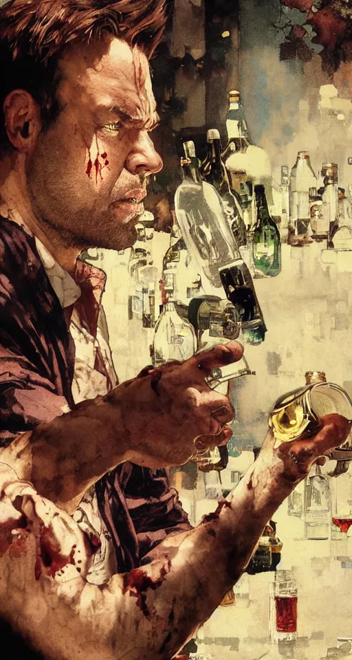 Prompt: close up of bloodied max payne pouring vodka, sun shining, photo realistic illustration by greg rutkowski, thomas kindkade, alphonse mucha, loish, norman rockwell.