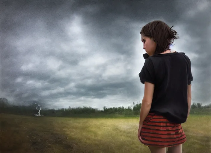 Prompt: a girl uses magnetic vibration to transition between two worlds, photo realism, overcast day