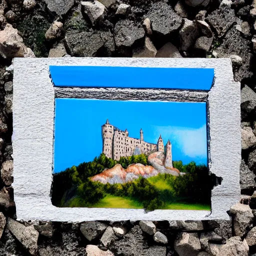 Image similar to a hyper realistic painting of a melting stone spanish castle made of melting bricks on a hill in the mountains and forest on a scorching hot day