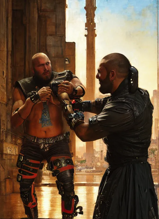 Prompt: big mike. cyberpunk meathead getting punched. (Cyberpunk 2077, bladerunner 2049). Iranian orientalist portrait by john william waterhouse and Edwin Longsden Long and Theodore Ralli and Nasreddine Dinet, oil on canvas. Cinematic, hyper realism, realistic proportions, dramatic lighting, high detail 4k