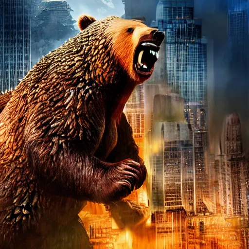 Prompt: a giant angry bear fighting with giant godzilla in the city, photomanipulation, photoshop, digital art, movie poster that says bear vs. godzilla