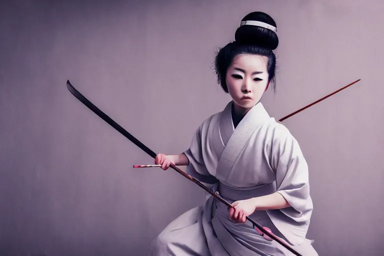 Prompt: beautiful photo of a young modern geisha samurai practising the sword in a traditional japanese temple, mid action swing, beautiful eyes, shining silver katana sword, award winning photo, muted pastels, action photography, 1 / 1 2 5 shutter speed, dramatic lighting, anime set style