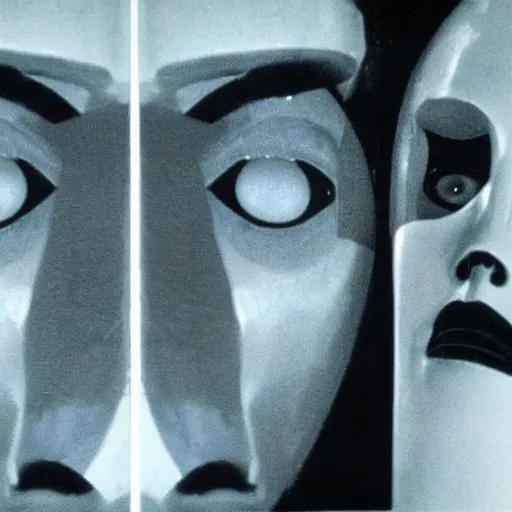 Prompt: a man reflect on robot face, movie still, By Andrzej Zulawski