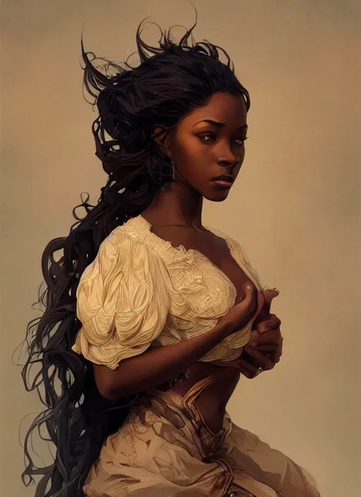 Image similar to portrait of a stunningly beautiful young black woman, highly detailed, digital painting, artstation, concept art, sharp focus, illustration, art by artgerm and greg rutkowski and alphonse mucha, incredibly beautiful and symmetrical face, incredibly detailed, award winning art, royal