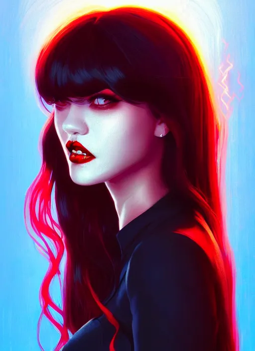 Image similar to portrait of vampire veronica lodge with bangs, vampire fangs, vampire, long hair, red clothes, bangs, vampironica, intricate, elegant, glowing lights, highly detailed, digital painting, artstation, concept art, smooth, sharp focus, illustration, art by wlop, mars ravelo and greg rutkowski