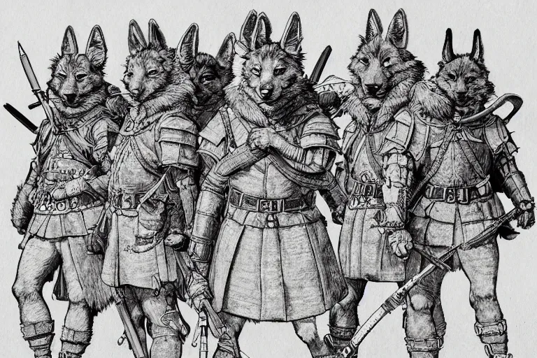 Image similar to pen and ink study of a group of furry soldiers with animal ears in a in a late renaissance city, key visual with intricate linework, in the stlye of kim jung gi and moebius