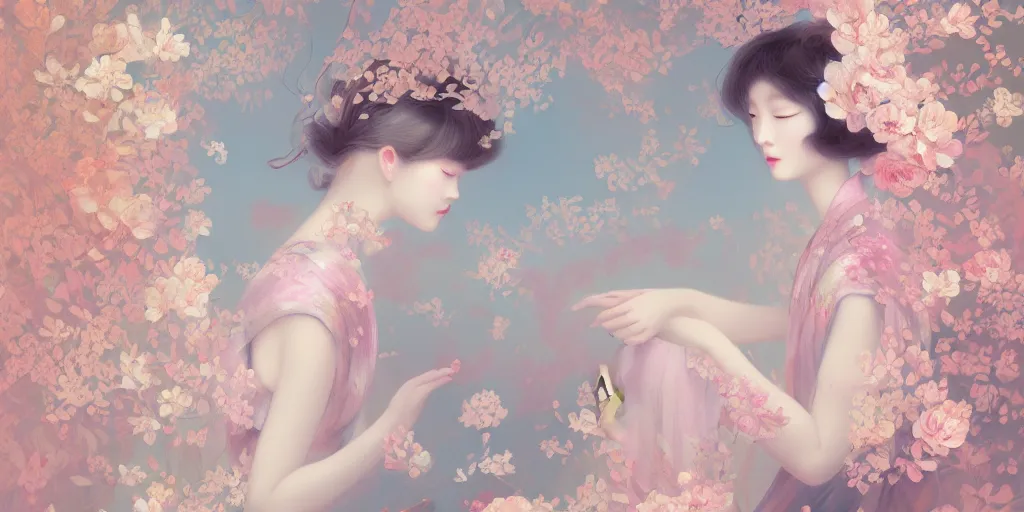 Prompt: delicate detailed concept art painting pattern blend of flowers and girls, by hsiao - ron cheng, bizarre compositions, exquisite detail, pastel colors, 8 k