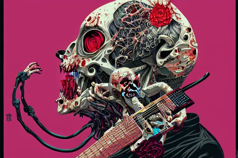 Image similar to zombie metal guitarist, tristan eaton, victo ngai, artgerm, rhads, ross draws, intricated details, 3 / 4 view, full body portrait