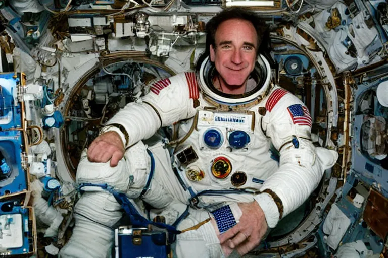 Image similar to 35mm Robbin Williams color portrait photo on the international space station, by Emmanuel Lubezki