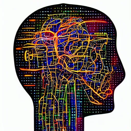 Prompt: a multicolored painter palette and a very detailed robot head with a brain made of glowing cables and little squared images, white background, vector art