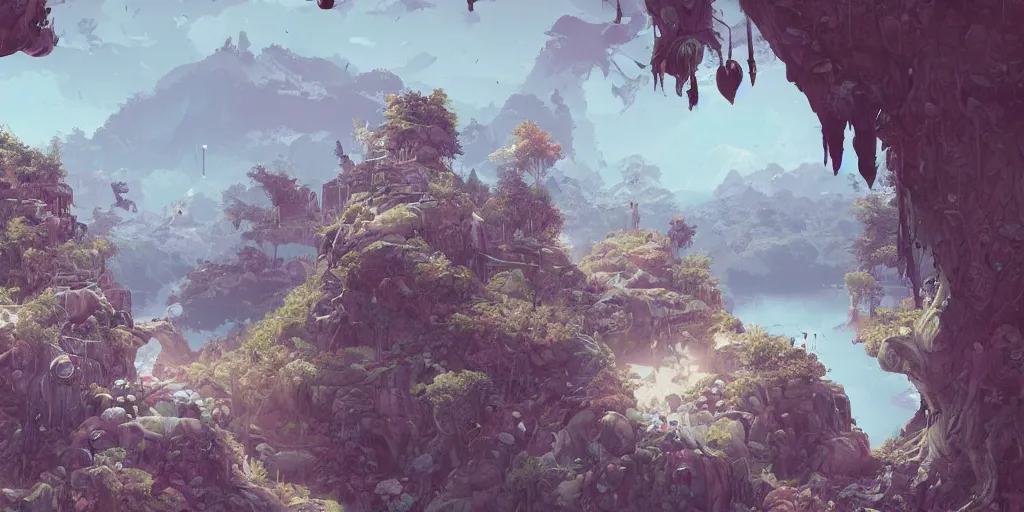 Image similar to 3d rendered landscape with a lot of details by james jean in no journey game style , redshift, octane