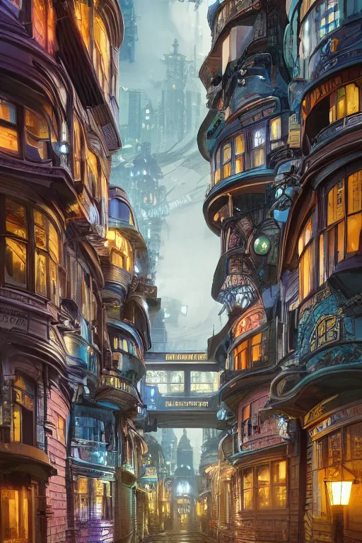 Image similar to a futuristic victorian city street, national geographic cover, award winning, 4 k, smooth, bright, light, colorful, victorian, futuristic, cyber - w 1 7 9 2