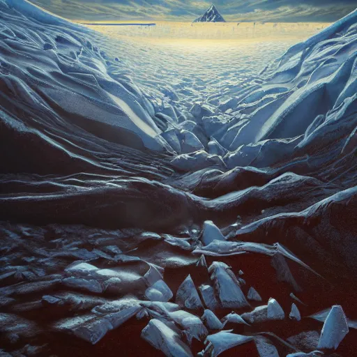 Image similar to menacing absence trailblazer Antarctica glacial cult incomprehensible topology ambience, realistic fantasy, oil painting, extremely high detail, photorealistic, cinematic lighting, oil painting, intricate line drawings, 4k resolution