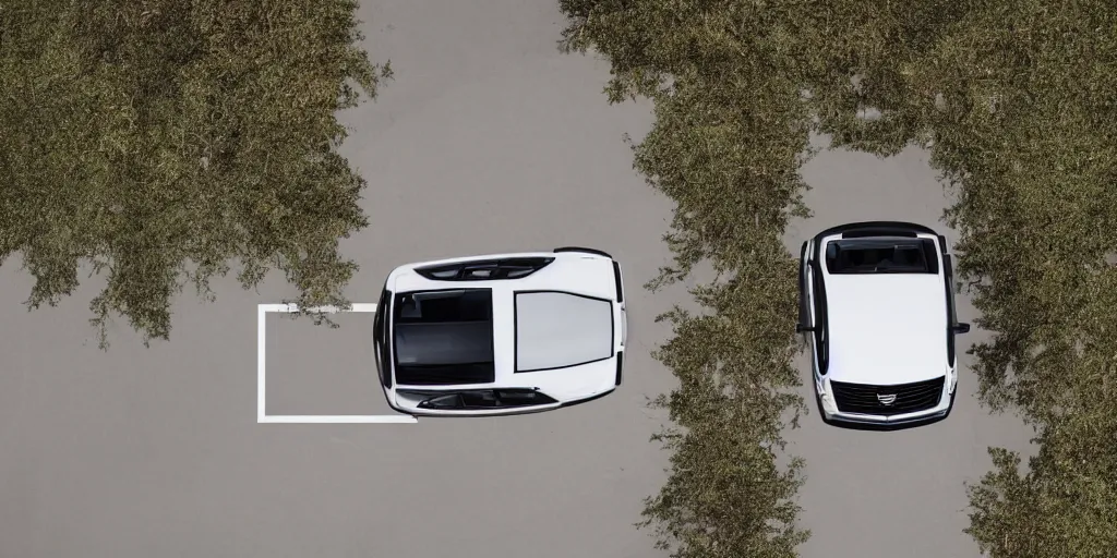 Prompt: A white SUV based on a Cadillac Escalade and Chevrolet Tahoe, overhead view