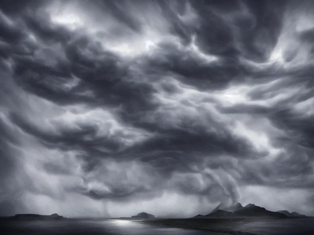 Prompt: dark super storm shot from the ground, hyper realistic clouds that resemble levitating large rocks. impressive, magical, very atmospheric, fog, cinematic, deep, very high complexity, stunning, dramatic masterpiece, iridescent, chiaroscuro, romantism, very detailed. 4 k