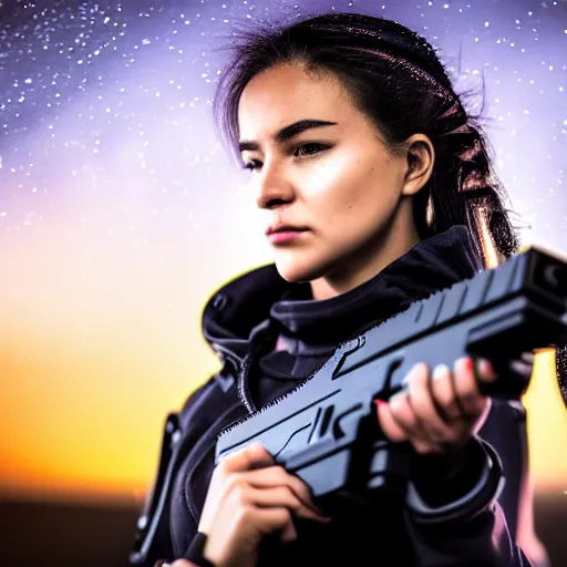 Image similar to photographic portrait of a techwear woman holding a Glock 18, closeup, on the rooftop of a futuristic city at night, sigma 85mm f/1.4, 4k, depth of field, high resolution, 4k, 8k, hd, full color