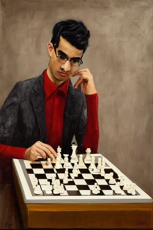 a painting of anish giri pondering over a chess board,, Stable Diffusion