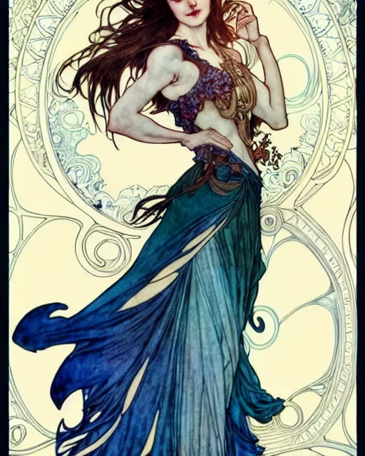 Prompt: in the style of artgerm, arthur rackham, alphonse mucha, phoebe tonkin, symmetrical eyes, symmetrical face, flowing blue skirt, full entire body, hair blowing, intricate filagree, hidden hands, warm colors, cool offset colors