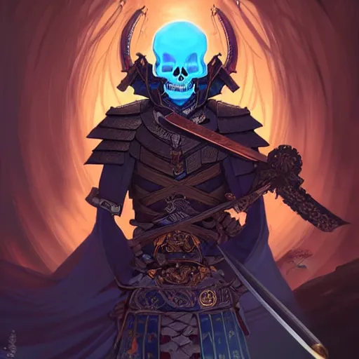 Image similar to samurai skeleton dark, d & d, blue eyes, dark fantasy, intricate, elegant, highly detailed, digital painting, artstation, concept art, smooth, sharp focus, illustration, art by artgerm and greg rutkowski and alphonse mucha