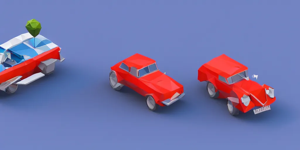 Image similar to a 3d low poly game object of a retro car on the blue background, mobile game