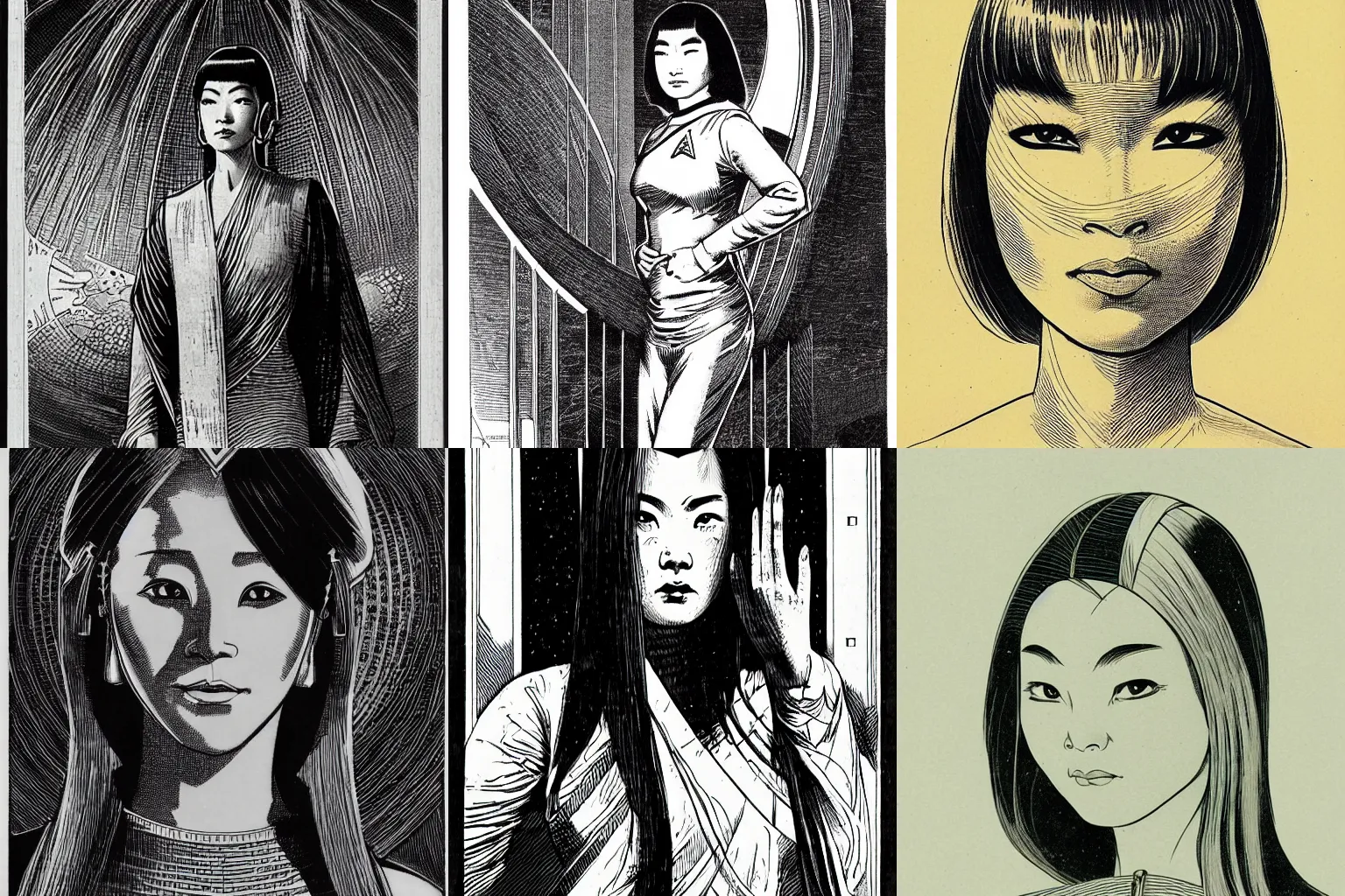 Prompt: Franklin Booth illustration of a Star Trek Asian woman, electronic eye