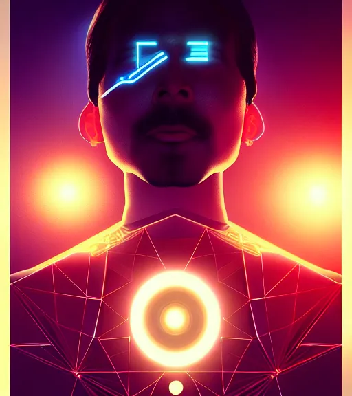 Image similar to symmetry!! indian prince of technology, solid cube of light, hard edges, product render retro - futuristic poster scifi, lasers and neon circuits, brown skin handsome indian prince, intricate, elegant, highly detailed, digital painting, artstation, concept art, smooth, sharp focus, illustration, dreamlike, art by artgerm