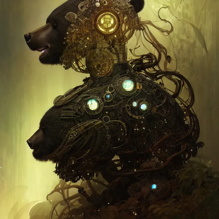 Image similar to organic cyborg, anthropomorphic asian black bear, diffuse lighting, fantasy, intricate, elegant, highly detailed, lifelike, photorealistic, digital painting, artstation, illustration, concept art, smooth, sharp focus, art by John Collier and Albert Aublet and Krenz Cushart and Artem Demura and Alphonse Mucha