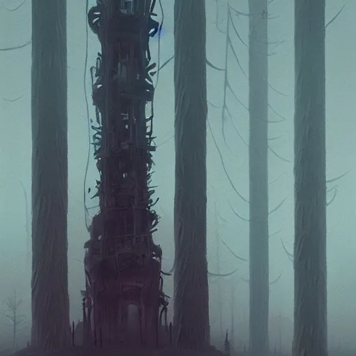 Image similar to monumental old ruins tower of a dark misty forest, overcast, sci - fi digital painting by simon stalenhag